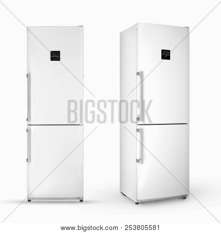 Modern Household Two-chamber Refrigerator On A White Background, Two Angles And Positions, Isolated