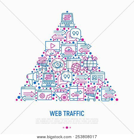 Web Traffic Concept In Triangle With Thin Line Icons: Seo Technology, Data Exchange, Sync, Click, Mo