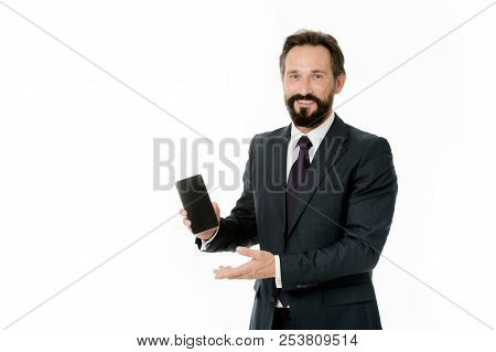 Businessman Formal Suit Holds Smartphone. Man Bearded Businessman Glad Announce New Version Update A