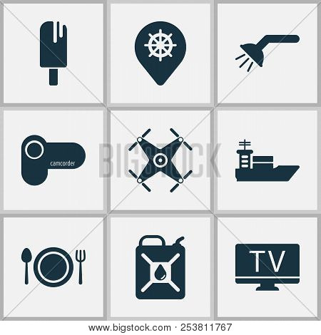 Trip Icons Set With Shower, Ship, Quadrupter And Other Bathroom Elements. Isolated  Illustration Tri
