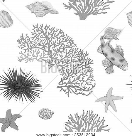 Sea World Seamless Pattern, Background With Fish, Corals And Shells On White Background. Stock Vecto