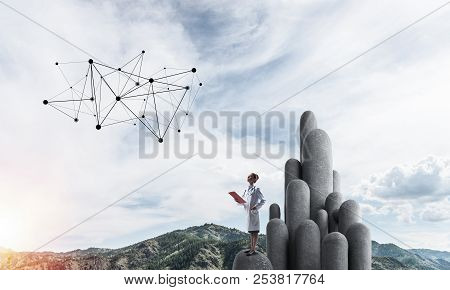 Young Female Doctor With Folder In Hands Satnding On Stone Column. 3d Rendering