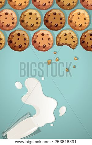 Chocolate Chip Cookies And Glass Of Milk Spilled Vector Illustration
