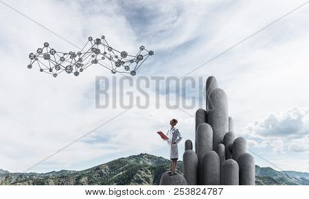 Young Female Doctor With Folder In Hands Satnding On Stone Column. 3d Rendering