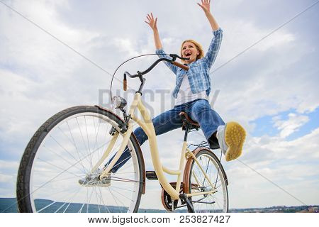 Freedom And Delight. Woman Feels Free While Enjoy Cycling. Most Satisfying Form Of Self Transportati