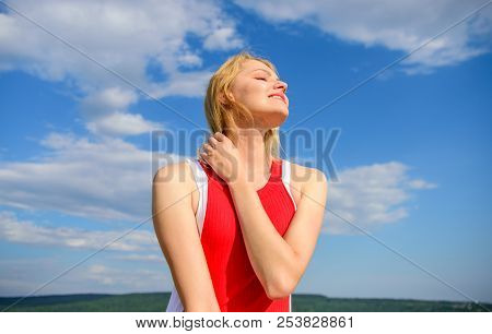 Flirt And Coquette Concept. Sunlight Pleasant Warm. Woman Red Dress Feels Carefree And Free. Girl Bl