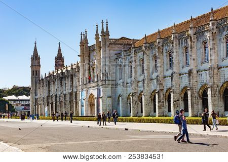 Lisbon, Portugal - March 27, 2018: The Jeronimos Monastery Or Hieronymites Monastery Is Located In L