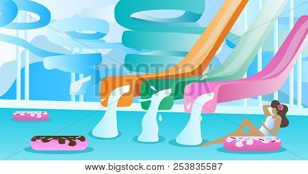 Water Slide Vector Illustration. Swimming Pool With Pipe And Tube Park To Slide Down. Free Space To 