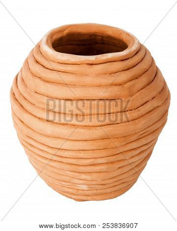 Unglazed Handmade Coiled Pottery Pot Made Of Red Clay Isolated On White Background. Teracota Vase. P