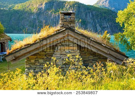 Stone Fishing Houses In Oppstrynsvatn Lake In The Municipality Of Stryn In Sogn Og Fjordane County I
