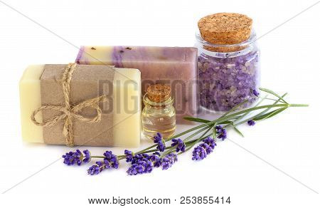 Lavender Handmade Soap, Lavender Oil And Sea Salt On White Background . Spa Lavender Concept