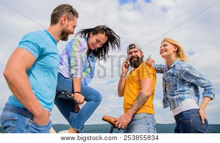 Cycling Modernity And National Culture. Double Date Concept. Group Friends Hang Out With Bicycle. Co