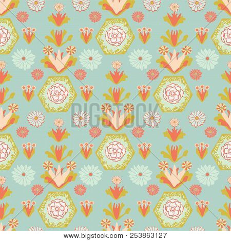 Soft Ocean Teal And Orange Vintage Floral