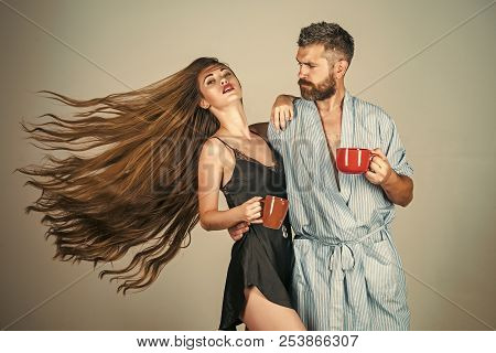 Perfect Morning With Coffee. Man And Girl With Mulled Wine On Grey Background. Refreshment And Energ