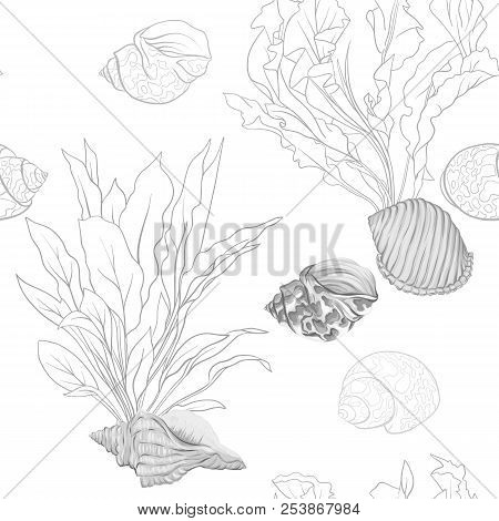 Sea World Seamless Pattern, Background With Fish, Corals And Shells On White Background. Stock Vecto