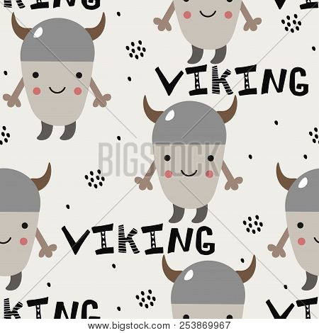 Pattern With Cute Little Viking For Kids. Scandinavian Style. Vector Illustration
