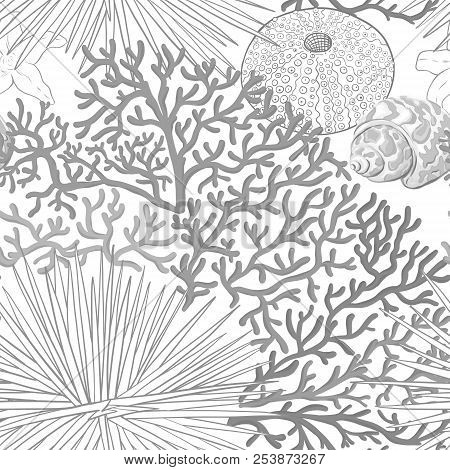 Sea World Seamless Pattern, Background With Fish, Corals And Shells On White Background. Stock Vecto