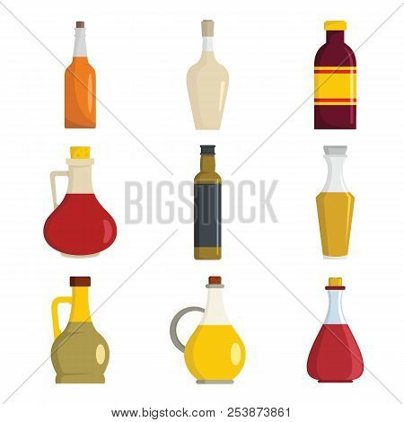 Vinegar Bottle Icons Set. Flat Illustration Of 9 Vinegar Bottle Icons For Web