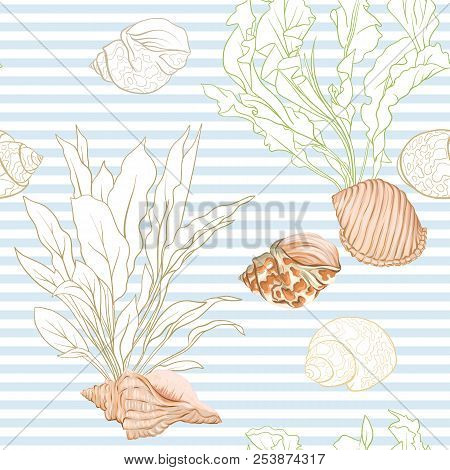 Sea World Seamless Pattern, Background With Fish, Corals And Shells On Blue And White Stripes Backgr