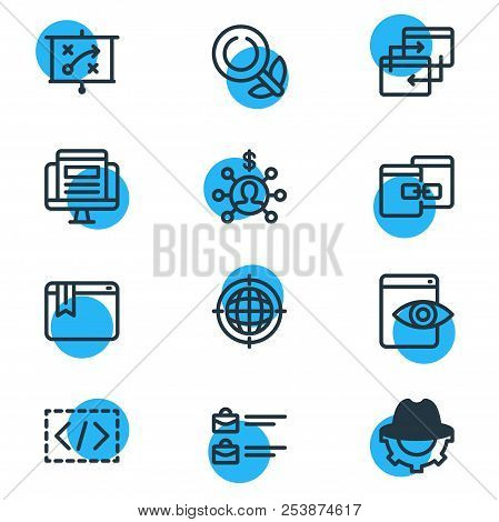 Illustration Of 12 Advertising Icons Line Style. Editable Set Of Bookmark Service, Related Content, 