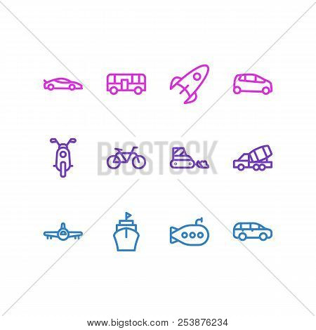 Vector Illustration Of 12 Transit Icons Line Style. Editable Set Of Submarine, Construction Car, Sup
