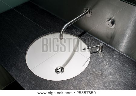 Modern European Washbasin In Stone Slab, Washbasin In New Bathroom, Washstand In Public Restrooms, C