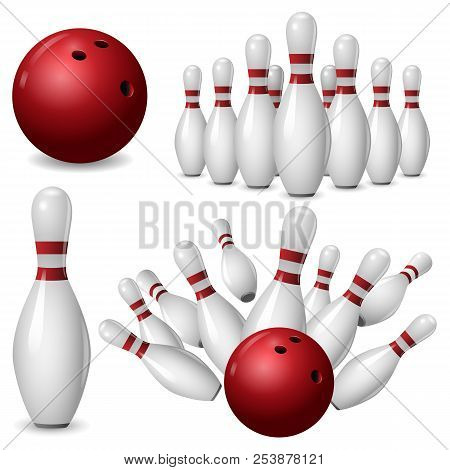 Bowling Kegling Mockup Set. Realistic Illustration Of 4 Bowling, Kegling Mockups For Web