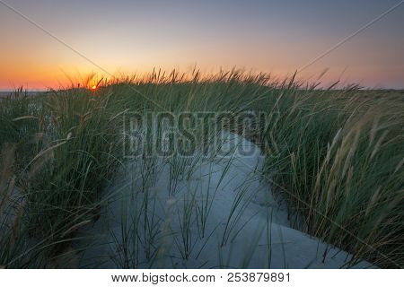 Sunset In The Dunes Of North Sea Beach In St. Peter-ording, Germany
