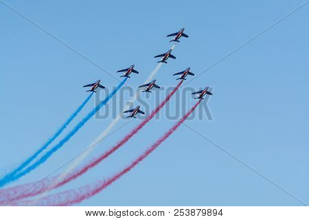Toulon Rade, France - August 15, 2018: Patrouille De France Aerobatics Team, Famous Demonstration Of