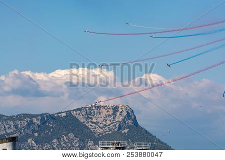 Toulon, France - August 15, 2018: Patrouille De France Aerobatics Team, Famous Demonstration Of Fren