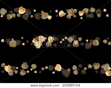 Gold Seashells Vector, Golden Pearl Bivalved Mollusks. Cute Scallop, Bivalve Pearl Shell, Marine Mol