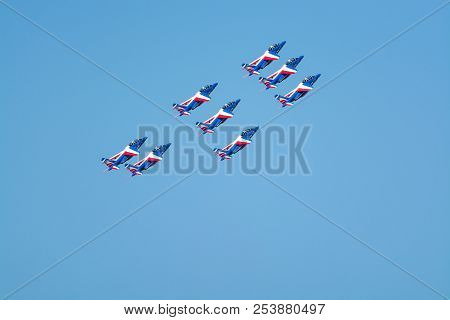 Toulon Rade, France - August 15, 2018: Patrouille De France Aerobatics Team, Famous Demonstration Of