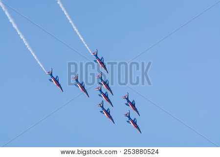 Toulon Rade, France - August 15, 2018: Patrouille De France Aerobatics Team, Famous Demonstration Of