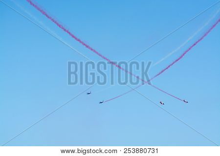 Toulon Rade, France - August 15, 2018: Patrouille De France Aerobatics Team, Famous Demonstration Of
