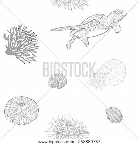 Sea World Seamless Pattern, Background With Fish, Corals And Shells On White Background. Stock Vecto