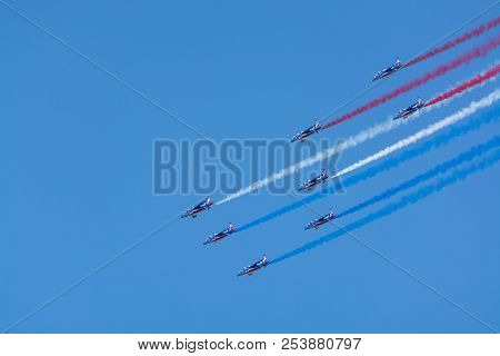 Toulon Rade, France - August 15, 2018: Patrouille De France Aerobatics Team, Famous Demonstration Of