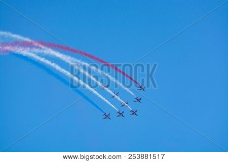 Toulon, France - August 15, 2018: Patrouille De France Aerobatics Team, Famous Demonstration Of Fren