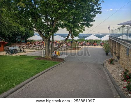 Mainz, Germany - July 31, 2017: The Biergarten At Laubenheimer Höhe Restaurant In The German City Of