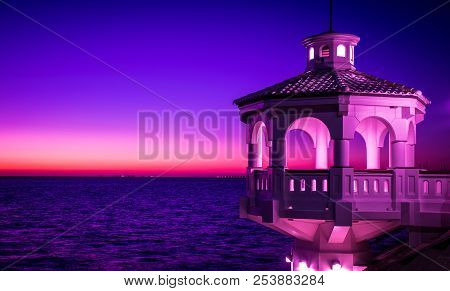 Year Of The Violet , Purple Effect Over Bay Of Corpus Christi , Texas With Gazeebo Along Sea Wall In