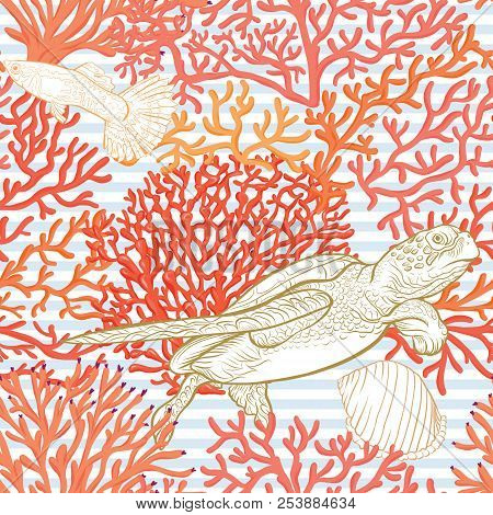 Sea World Seamless Pattern, Background With Fish, Corals And Shells On Blue And White Stripes Backgr
