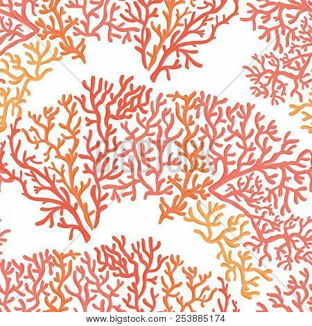 Sea World Seamless Pattern, Background With Fish, Corals And Shells On White Background. Stock Vecto