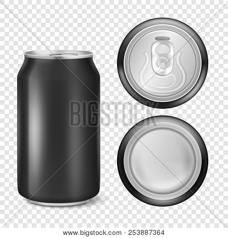 Vector Realistic 3d Empty Glossy Metal Black Aluminium Beer Pack Or Can Visual 330ml. Can Be Used Fo