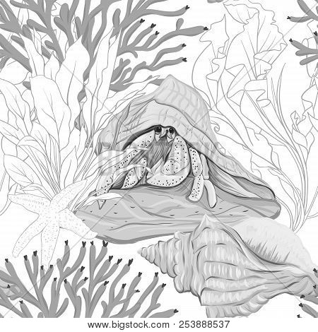 Sea World Seamless Pattern, Background With Fish, Corals And Shells On White Background. Stock Vecto