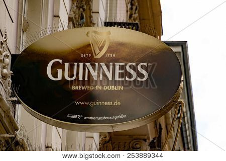 Wiesbaden, Germany - June 03 2018: Guinness Logo On A Facade. Guiness Is A Famous Irish Beer, Brewed