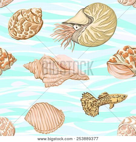 Sea World Seamless Pattern, Background With Fish, Corals And Shells On Blue Sea Background. Stock Ve