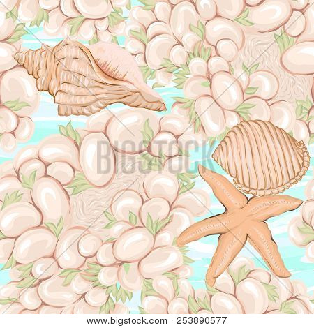 Sea World Seamless Pattern, Background With Fish, Corals And Shells On Blue Sea Background. Stock Ve