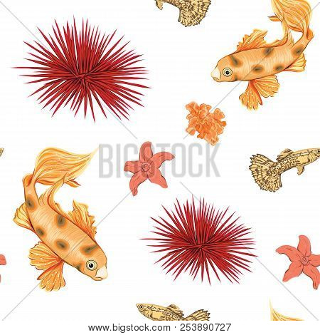 Sea World Seamless Pattern, Background With Fish, Corals And Shells On White Background. Stock Vecto
