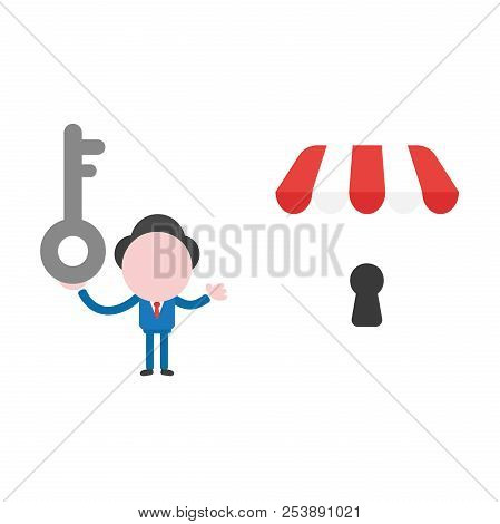 Vector Illustration Of Businessman Character Holding Grey Key And Showing Shop Store Icon With Keyho