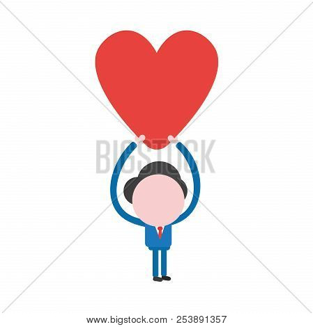 Vector Illustration Of Businessman Character Holding Up Red Heart Icon.