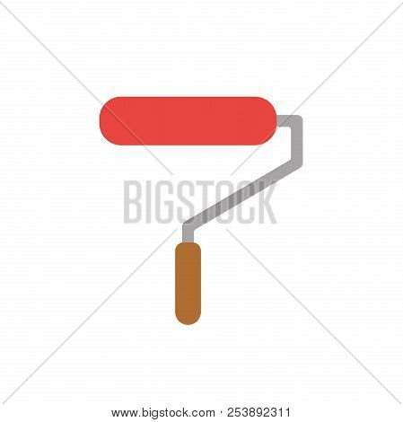 Flat Design Style Vector Illustration Of Red Roller Paint Brush Symbol Icon On White Background.